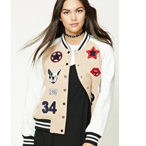 Forever 21 Tan and White Varsity Jacket with Decorative Patches